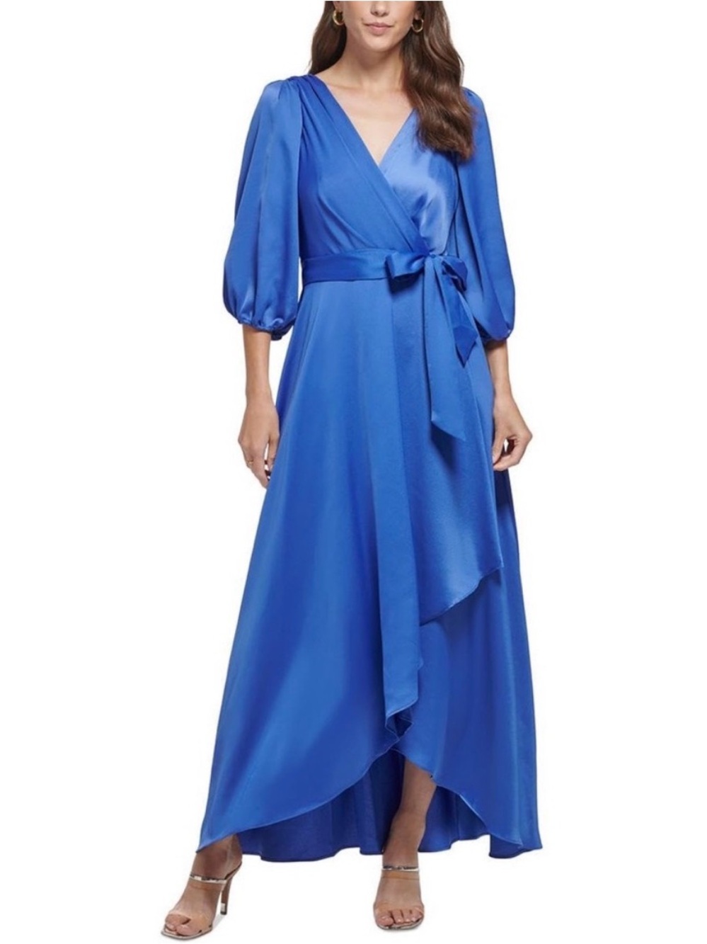 DKNY Royal Blue Satin High-Low Wrap Dress with Tie
